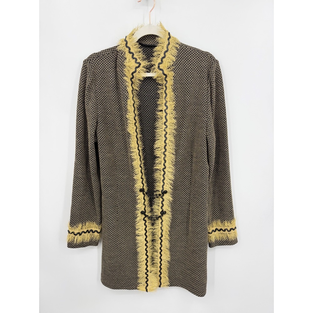 St. John Knit Duster Cardigan Womens 10-12 Black Gold Fringe Sequin Trim